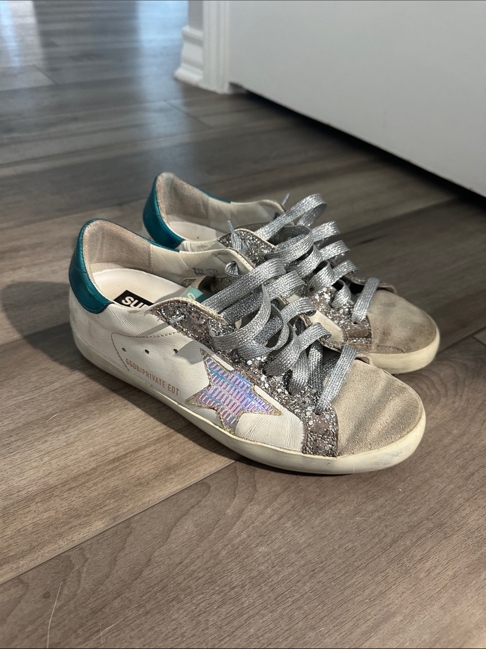 Golden goose superstar limited edition Glitter Star Sneakers in Silver and Teal - Picture 2 of 7